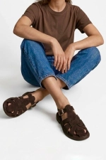 Women Brown Suede Cage Sandals Elegant Strappy Block Heel Shoes Photograph-4